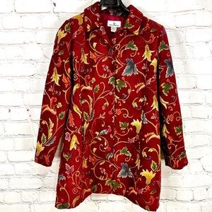 Women’s vintage burgundy embroidered Red Floral Pea Coat jacket size large L